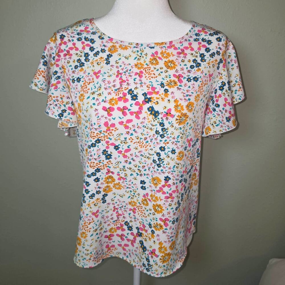 Floral Flutter Sleeve Blouse Medium White Pink Blue Yellow Ditsy Print Top